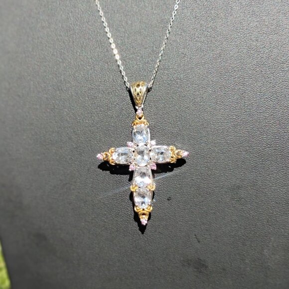 Chrysos Italy Sterling Silver & Gold Plated Tanzanite & Topaz Cross Necklace - Picture 1 of 9